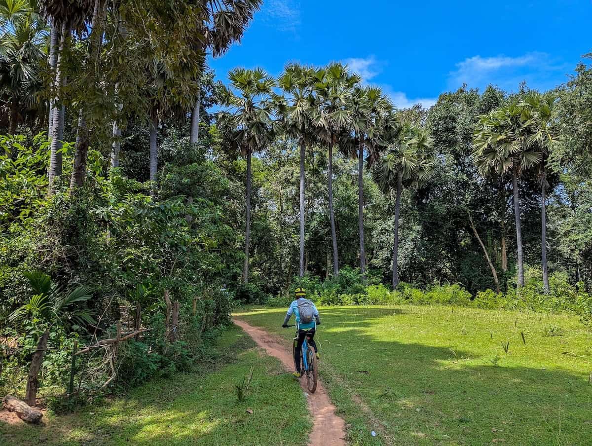 Cyclists traveling between Cambodia and Laos on scenic countryside roads, passing Mekong River landscapes, rural villages, rice paddies, and traditional local communities. Laos Cycling Tours
