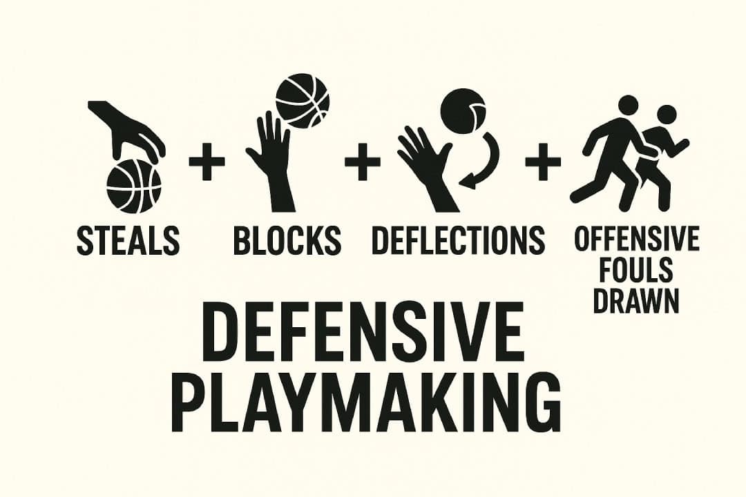 Steals plus blocks plus deflections plus offensive fouls drawn equals Defensive Playmaking.
