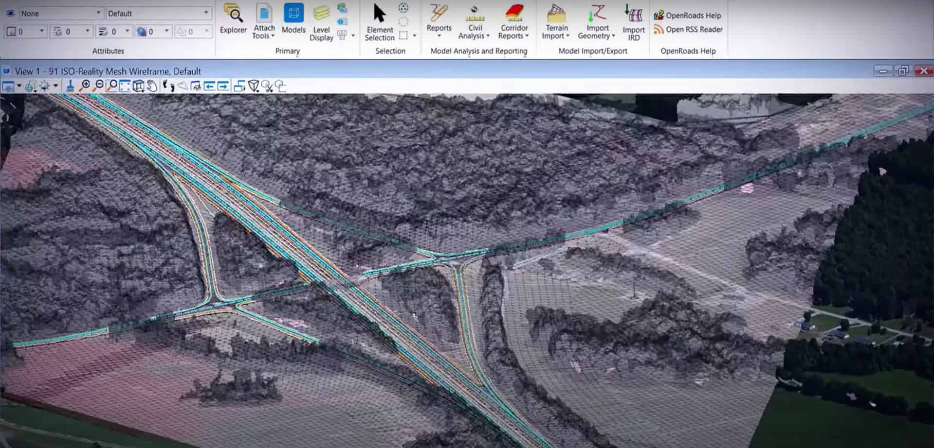 Capture d'écran d'OpenRoads Designer montrant la modélisation de routes et infrastructures