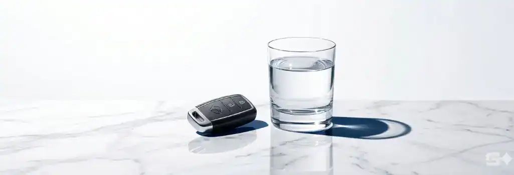 Modern car keys resting next to a clear glass of water, representing clarity, focus, and a strategic legal defense.