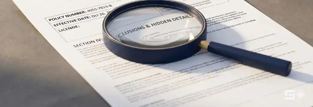 A navy blue magnifying glass sharply focusing on the hidden details of a commercial insurance policy document, symbolizing the legal scrutiny required to protect injury victims from misleading adjusters.