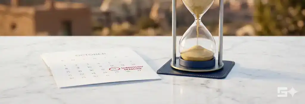 A high-end silver and navy blue hourglass with golden sand stands next to a minimalist calendar showing a critical deadline, representing the strategic legal timeline and statute of limitations for car accidents in New Mexico.