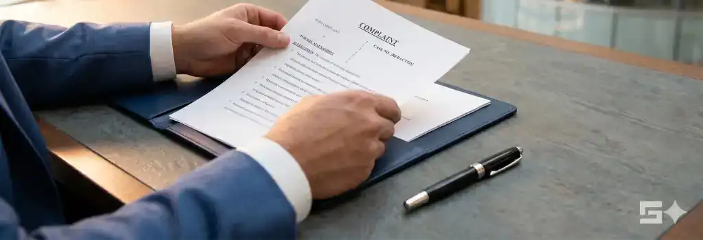 The hands of a professional in a navy suit gently filing a formal legal complaint document into a navy blue folder on a slate desk, representing the organized strategy of filing a personal injury claim in New Mexico.