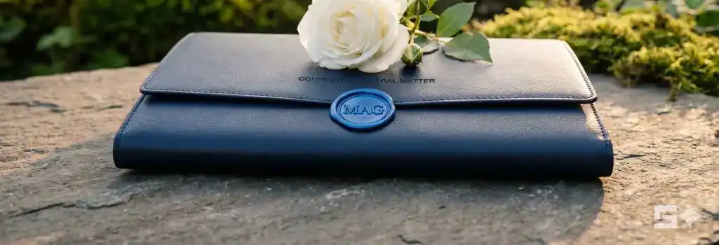 A pristine white rose resting on a sealed navy blue legal folder with an electric blue wax seal, representing compassionate and fierce legal protection for families navigating a wrongful death claim.