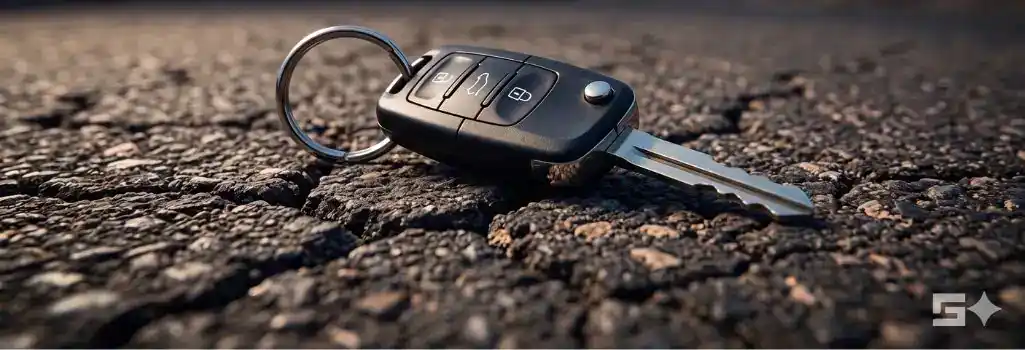 A single car key dropped on cracked New Mexico asphalt, symbolizing the potential loss of a driver's license after a DWI charge.