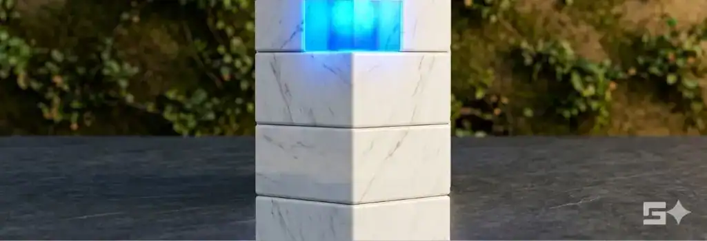 Four stacked pristine white marble blocks with a glowing electric blue core on a slate desk, symbolizing the foundational legal grounds required to file a personal injury lawsuit.