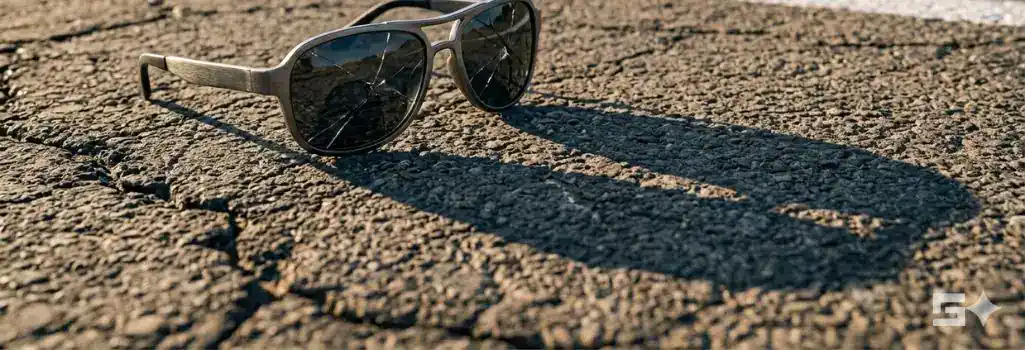 Crushed sunglasses resting on cracked asphalt, representing physical evidence required after a motor vehicle accident.