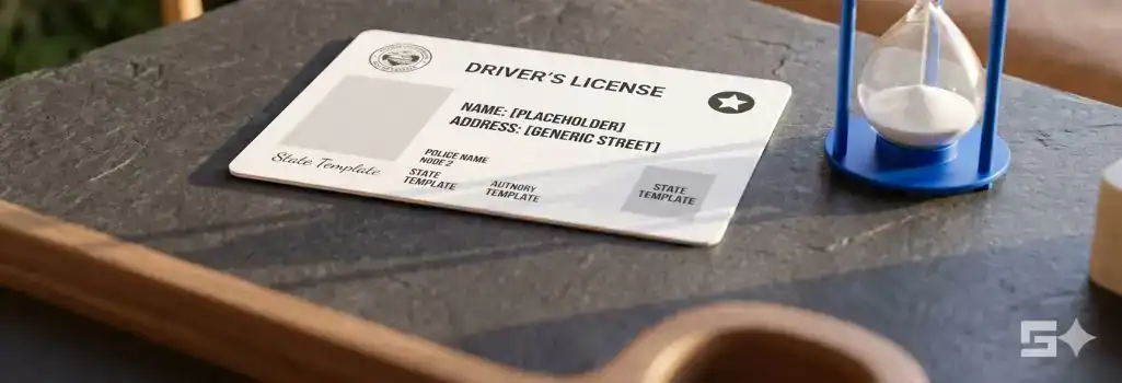 An abstract white driver's license template next to an electric blue hourglass on a slate desk, representing the critical deadline to request an MVD revocation hearing in New Mexico.