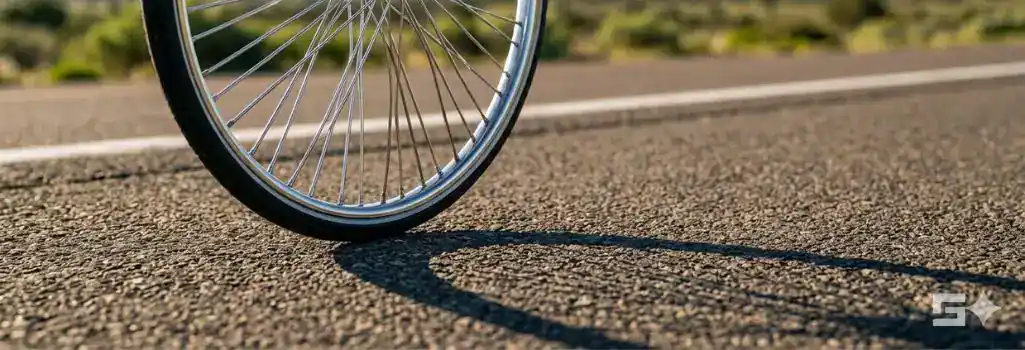 The chrome spokes of a bicycle wheel resting on a New Mexico highway illuminated by warm morning sunlight.