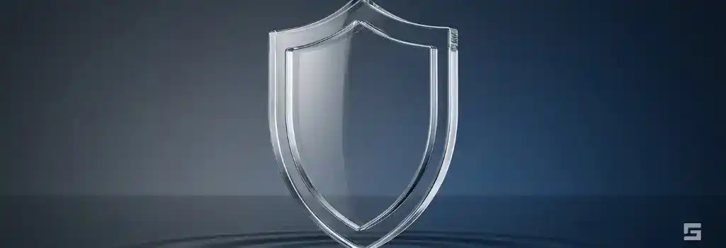 A minimalist clear glass protective shield sculpture resting on a dark navy blue background with gentle water ripples, representing trust and guidance after a car crash. Legal resources for Northern New Mexico firm Grano Law Offices, P.C.
