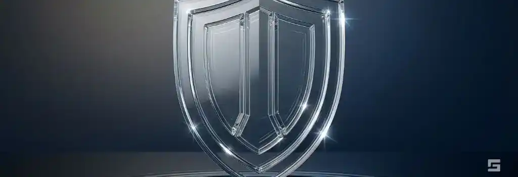 A massive clear glass protective shield resting on rippling water against a navy background, symbolizing aggressive litigation after a truck crash. Grano Law Offices, P.C.