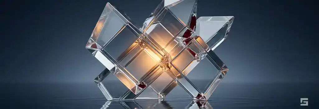 Intersecting clear glass geometric shapes over dark water with a warm amber glow, symbolizing complex multi-vehicle accident liability. Litigation resources by Grano Law Offices, P.C.