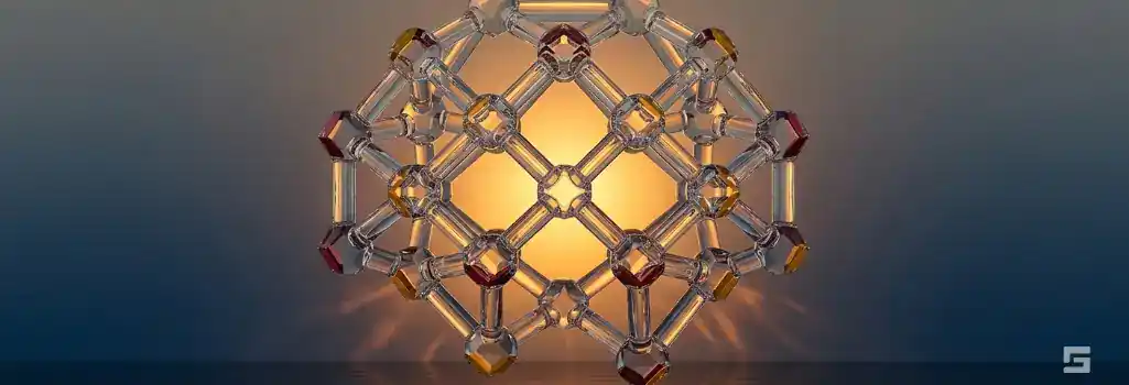 Linked clear glass geometric shapes illuminated by a warm amber glow on a slate gray background, symbolizing complex RICO defense strategies. Corporate defense by Grano Law Offices, P.C.