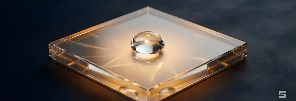 A clear glass floor tile with a single water droplet radiating a warm amber glow, symbolizing premises liability and restaurant slip and fall lawsuits. Personal injury advocacy by Grano Law Offices, P.C.