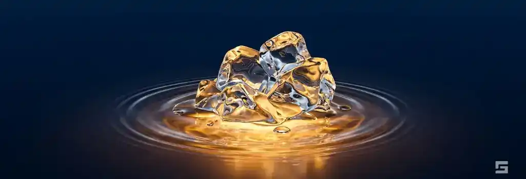 Abstract clear glass ice forms melting into water illuminated by a warm amber glow, representing safe driving and accident prevention on icy New Mexico roads. Personal injury litigation resources by Grano Law Offices, P.C.