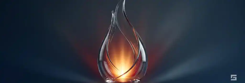An abstract clear glass flame glowing with intense amber and maroon red light against a dark slate background, representing arson defense. High-stakes criminal defense representation by Grano Law Offices, P.C.