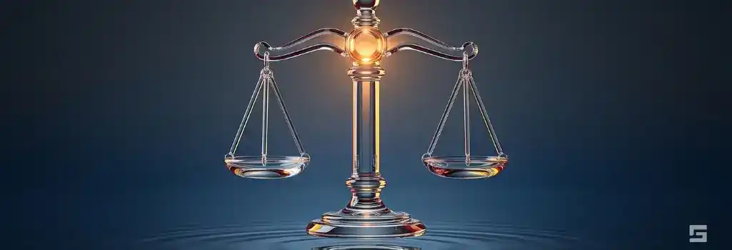 A clear glass scale glowing with warm amber light over water ripples on a navy blue background, representing the burden of proof beyond a reasonable doubt. Criminal defense resources for Grano Law Offices, P.C.