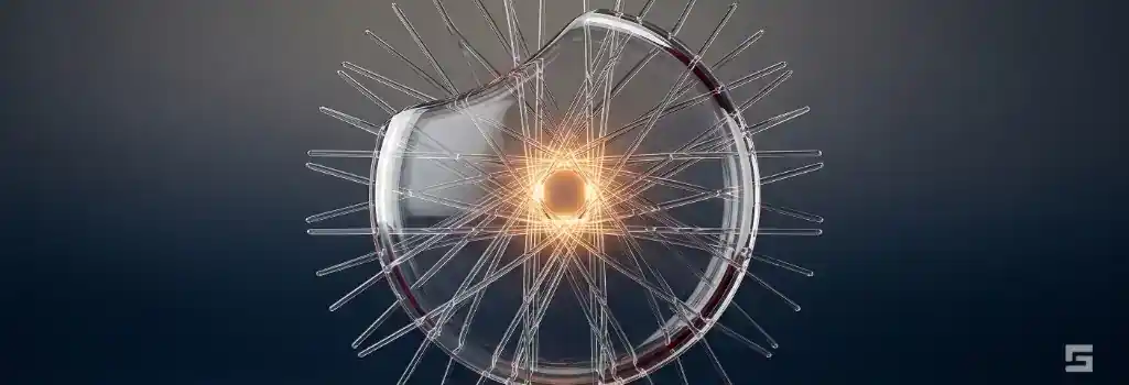 A clear glass bicycle spoke and protective shield glowing with warm amber light on a navy blue background, symbolizing a cyclist's right to financial recovery after a crash. Personal injury resources from Grano Law Offices, P.C.