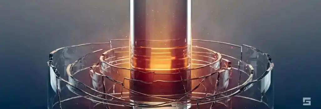 A solid clear glass pillar surrounded by abstract structural barriers, glowing with mandatory amber and maroon red light, representing aggravated DWI penalties. High-stakes criminal defense resources by Grano Law Offices, P.C.