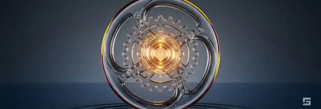 Abstract clear glass mechanical gears glowing with amber light on a deep navy blue background, representing the financial recovery and settlement value of a motorcycle accident. Personal injury representation by Grano Law Offices, P.C.