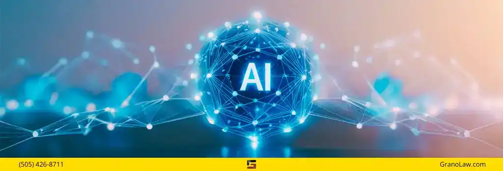 A digital illustration of a glowing blue sphere with "AI" inside, connected to a network of lines and dots. The image footer has a yellow bar with "(505) 426-8711" on the left, a logo in the center, and "GranoLaw.com" on the right.