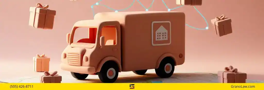 A 3D illustration of a delivery truck icon with a house graphic on its side, surrounded by floating gift boxes and a light blue network illustration. The background is a soft pink. The image footer has a yellow bar with "(505) 426-8711" on the left, a logo in the center, and "GranoLaw.com" on the right.