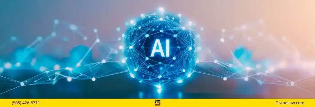 A digital illustration of a glowing blue sphere with "AI" inside, connected to a network of lines and dots. The image footer has a yellow bar with "(505) 426-8711" on the left, a logo in the center, and "GranoLaw.com" on the right.