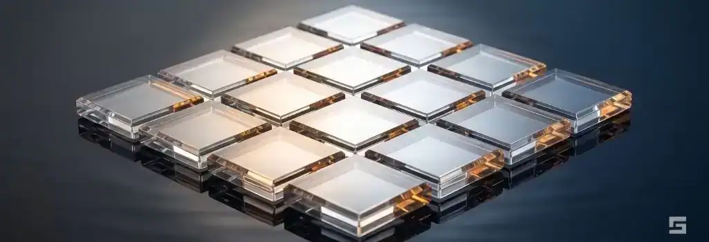 Sixteen perfectly aligned clear glass panes glowing with amber and white light on a deep navy background, representing the meticulous organization of crucial injury claim files. Dedicated personal injury guidance by Grano Law Offices, P.C.