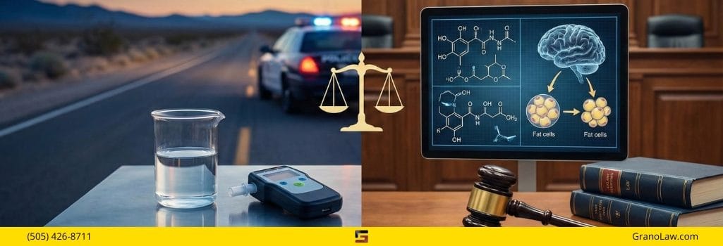 Composite image illustrating the legal and scientific aspects of a New Mexico marijuana DUI defense case. The left side shows a roadside police investigation at dusk with a patrol car, a breathalyzer device, and a beaker on a table. The right side shows a courtroom setting with a judge's gavel, law books, and a computer monitor displaying chemical structures of THC, a human brain, and fat cells. A scales of justice icon is in the center. The bottom yellow banner features the Grano Law Offices, P.C. logo, the phone number (505) 426-8711, and the website GranoLaw.com.