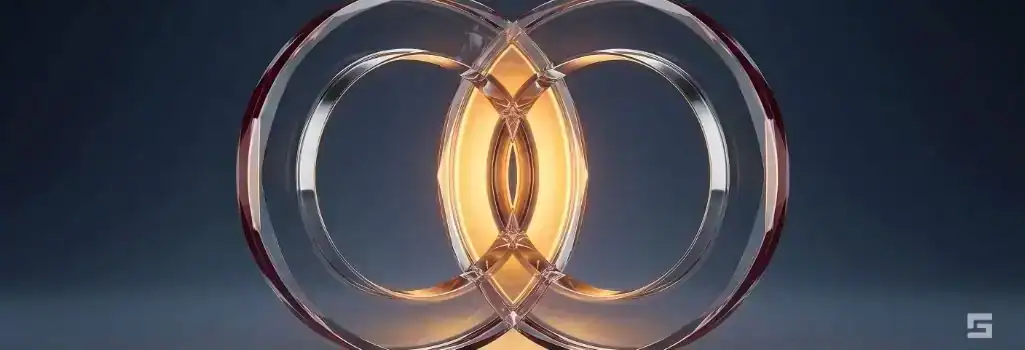 Symmetrical clear glass overlapping rings glowing with warm amber light on a slate gray background, representing statutory age exemptions and Romeo and Juliet laws. Strategic criminal defense guidance from Grano Law Offices, P.C.