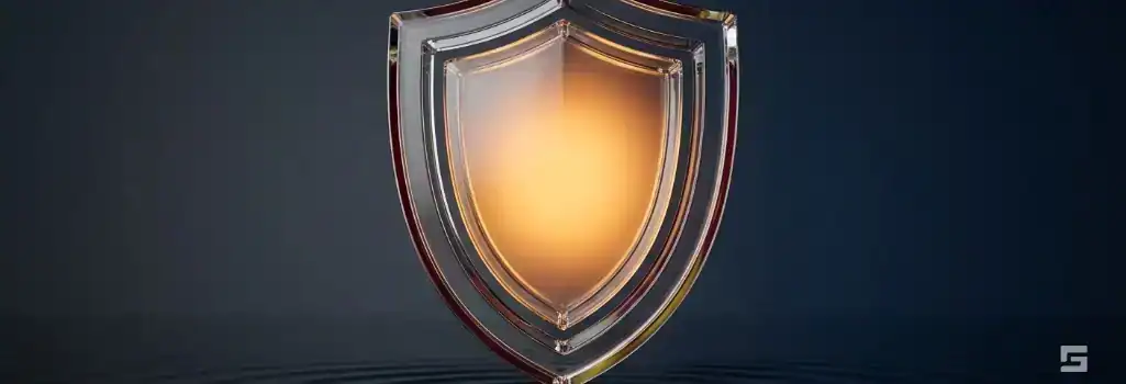 A clear glass federal shield glowing with warm amber light over water ripples on a navy blue background, symbolizing the Federal Tort Claims Act. Civil litigation resources for Northern New Mexico firm Grano Law Offices, P.C.