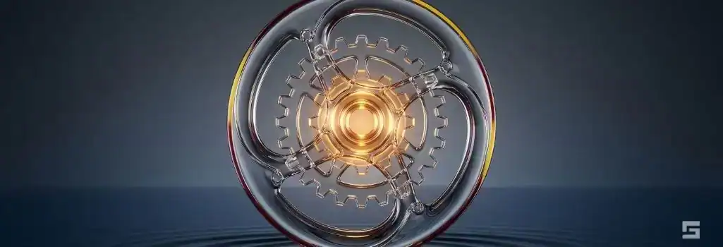 Abstract clear glass mechanical gears glowing with amber light on a deep navy blue background, representing the financial recovery and settlement value of a motorcycle accident. Personal injury representation by Grano Law Offices, P.C.