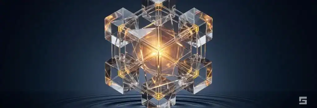 A clear glass interconnected geometric structure glowing with comforting amber light over water ripples, representing the financial recovery and settlement value of a broken arm. Personal injury representation by Grano Law Offices, P.C.