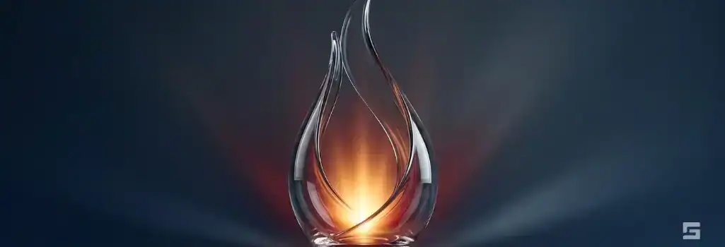 An abstract clear glass flame glowing with intense amber and maroon red light against a dark slate background, representing arson defense. High-stakes criminal defense representation by Grano Law Offices, P.C.