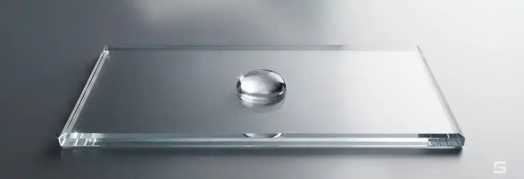 A clear glass floor tile with a single water drop on a slate gray background, representing premises liability and slip and fall hazards. Grano Law Offices, P.C.