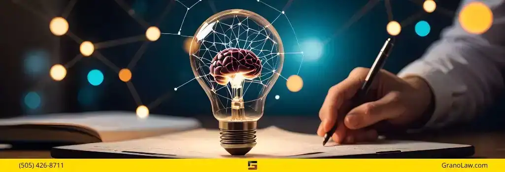 A close-up of a hand writing in a notebook with a pen. Next to it is a light bulb containing a miniature brain, with glowing lines connecting it to a network of out-of-focus lights in the background. The image footer has a yellow bar with "(505) 426-8711" on the left, a logo in the center, and "GranoLaw.com" on the right.