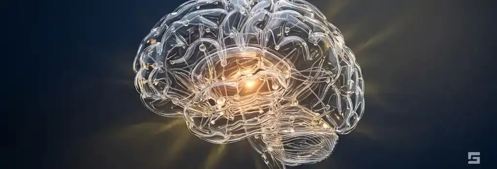 A clear glass neural network illuminated by a warm amber pulse on a navy blue background, representing traumatic brain injuries after a car accident. Injury litigation resources by Grano Law Offices, P.C.