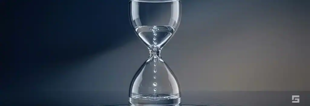 A clear glass hourglass with flowing water droplets on a deep navy blue background, symbolizing the timeline of a personal injury claim. Strategic legal resources from Grano Law Offices, P.C.