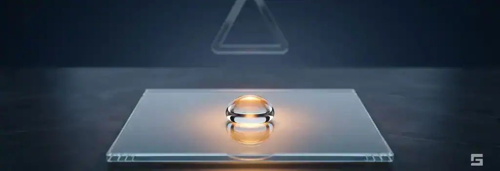A smooth clear glass floor tile with a water droplet glowing with comforting amber light against a dark background, representing premises liability in a retail store. Dedicated personal injury representation by Grano Law Offices, P.C.