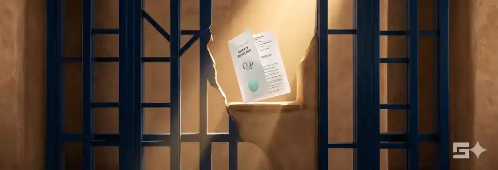 An abstract conceptual image where golden light and a white Order of Protection legal document with a teal pop of color break through dark navy geometric frames, symbolizing legal aid and safe escape for domestic violence victims during the pandemic.