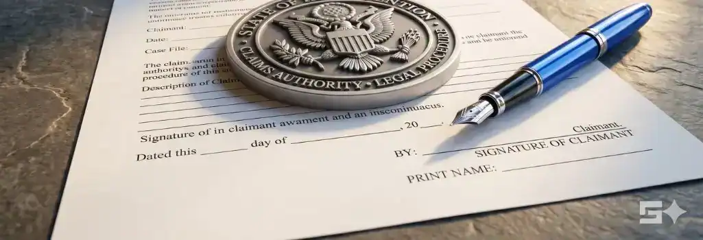 A white and silver state emblem resting on a formal Notice of Claim document with an electric blue pen, representing the strict procedural requirements of the New Mexico Tort Claims Act.