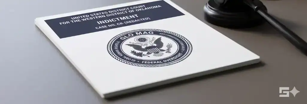 A formal legal indictment document with a deep indigo federal seal and a minimalist black gavel rest on a slate desk, while a generic local police badge is heavily blurred in the background, representing federal oversight and police accountability.