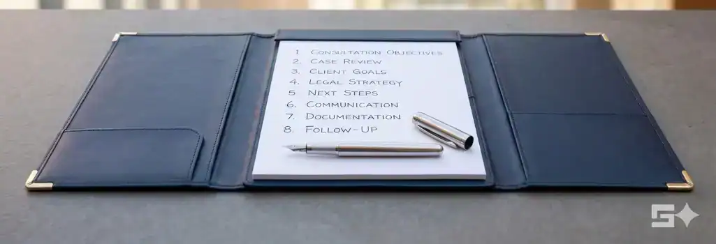 A numbered legal checklist resting on a sleek notepad with a silver fountain pen, representing the strategic questions a client should ask a car accident lawyer during a case consultation.