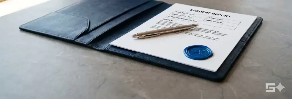 A pristine incident report inside a deep navy blue leather portfolio with a silver pen and blue wax seal, representing the careful documentation needed after a slip and fall accident in New Mexico.