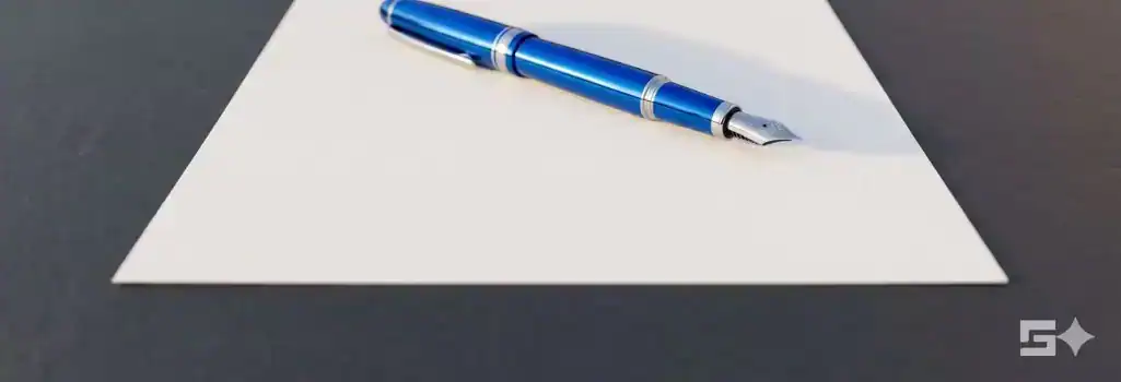 A blank white legal card and an electric blue fountain pen on a slate desk, symbolizing the right to remain silent and the immediate need for legal counsel if arrested.