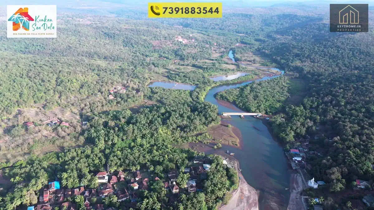 River creek and bridge aerial in green Dapoli valley near Konkan Sea Dale villa plots