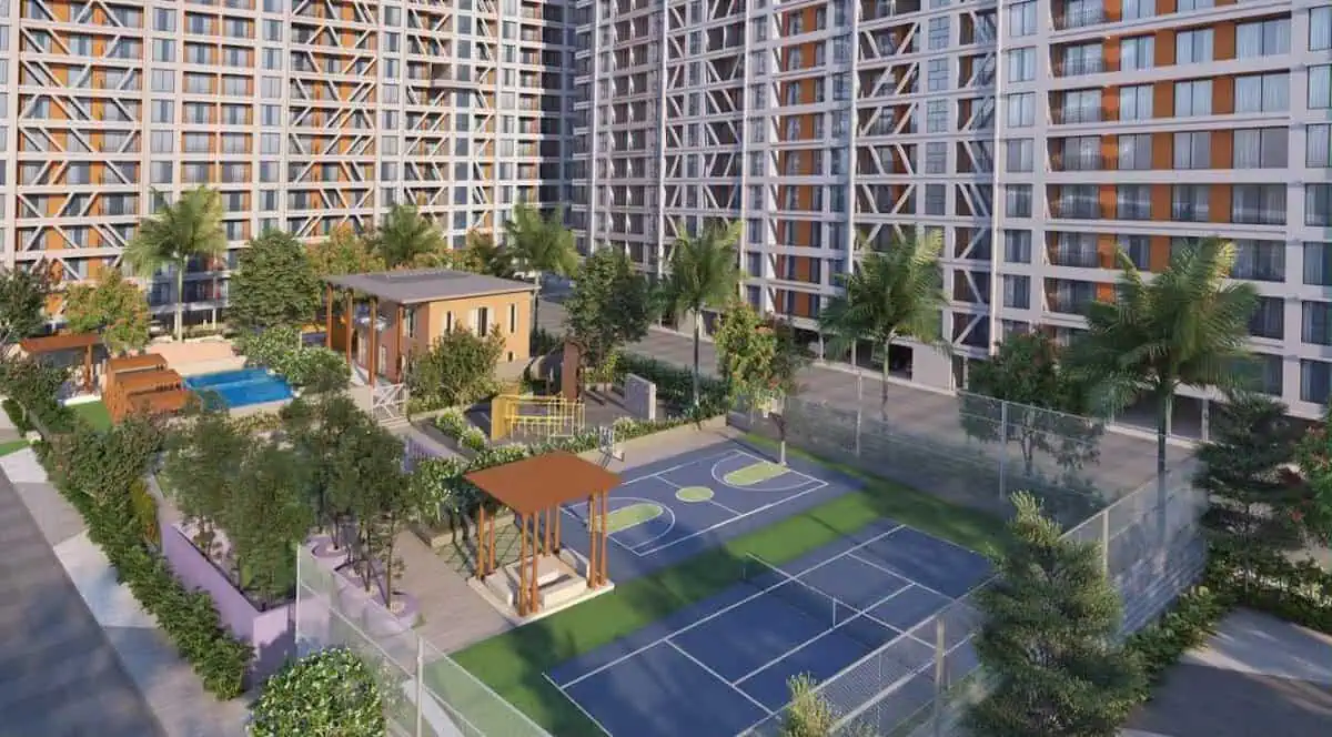 K Town Kiwale Ravet Pune Society Aerial View Pool Tennis Court Basketball Court