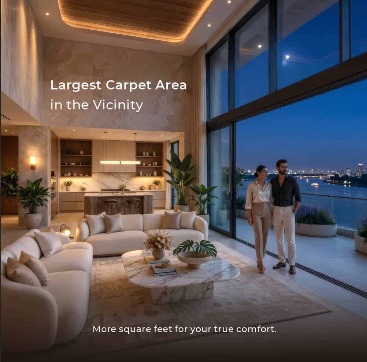 3 BHK 4 BHK new launch Hinjewadi Phase 1 living room with largest carpet area and Mula river view at The Promenade