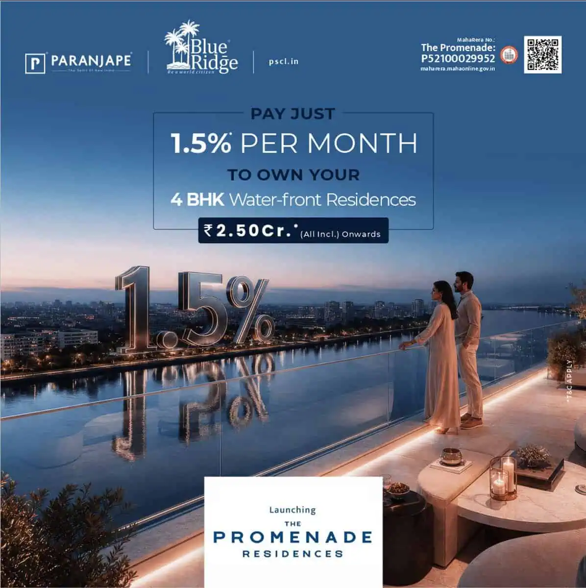 Blue Ridge Promenade price offer pay 1.5 percent per month 4 BHK waterfront residences