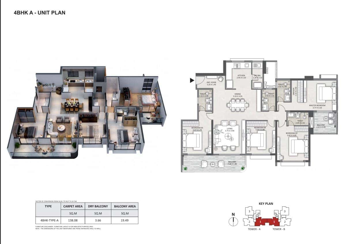 4 BHK premium apartments for sale in Hinjewadi floor plan Type A carpet 138.08 sq m The Promenade Blue Ridge